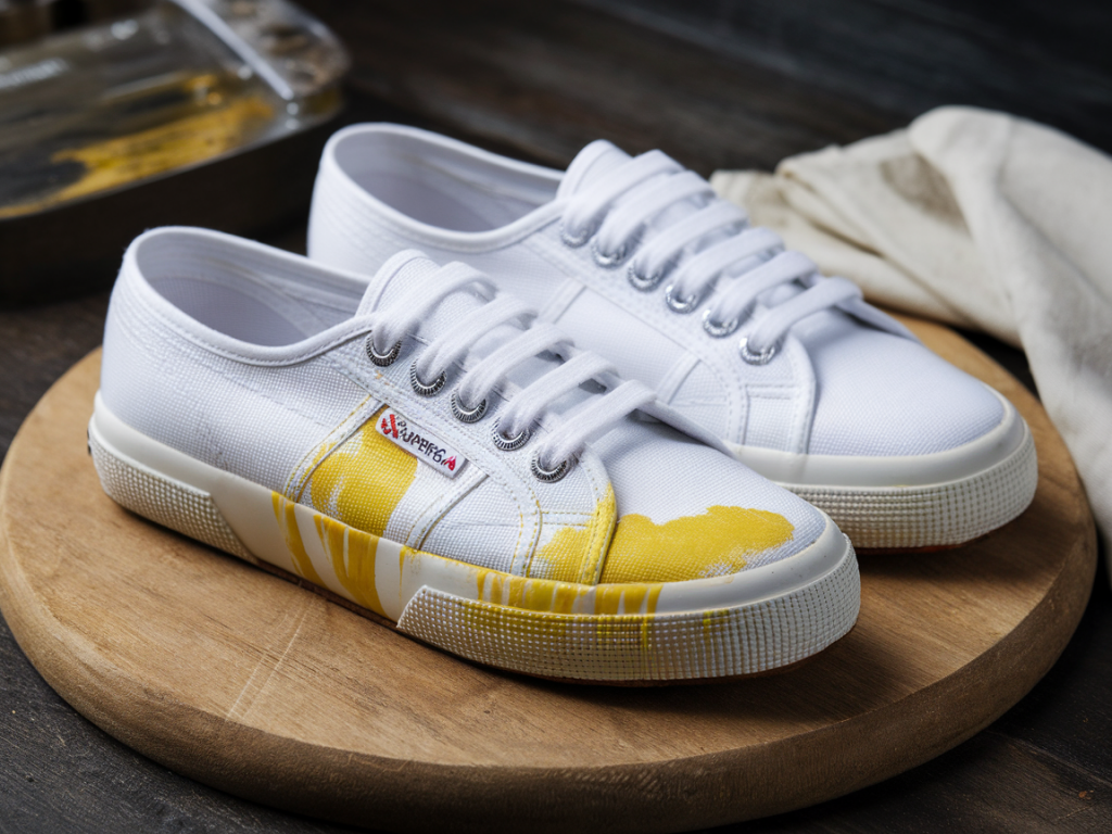 Wie entferne ich gelbe verfärbungen bei weißen superga‑sneakern, ohne das material anzugreifen?